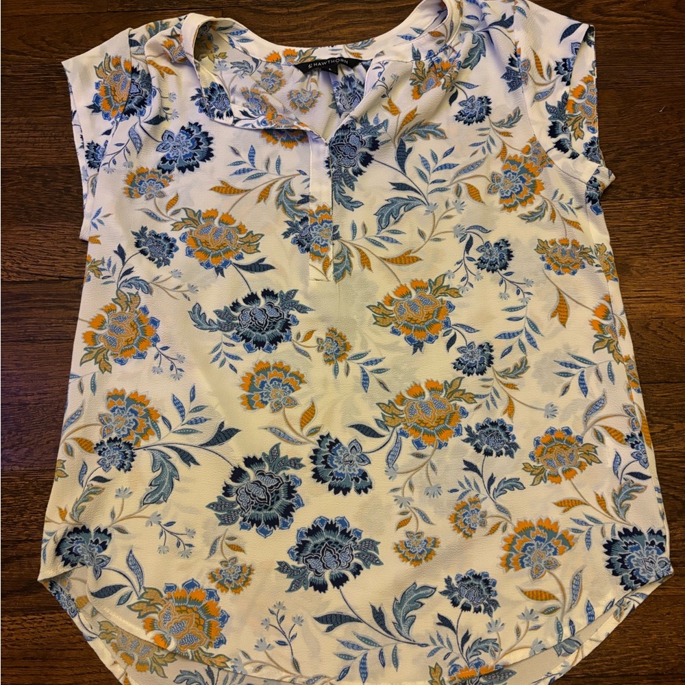 41 Hawthorn Cap Sleeve Blouse in Blue and Tan with Peter Pan Collar